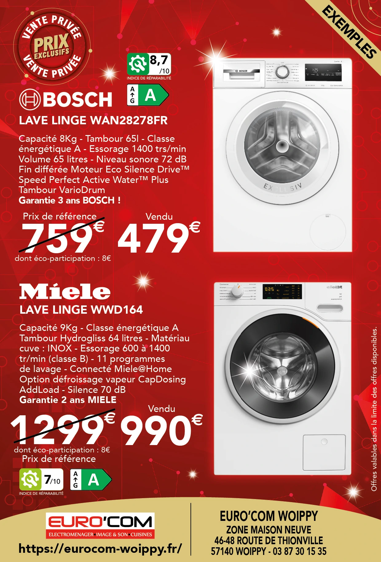 Lave linge BOSCH WAN28278FR 479€ au lieu de 759€, Lave linge Miele WWD164 990€ au lieu de 1299€