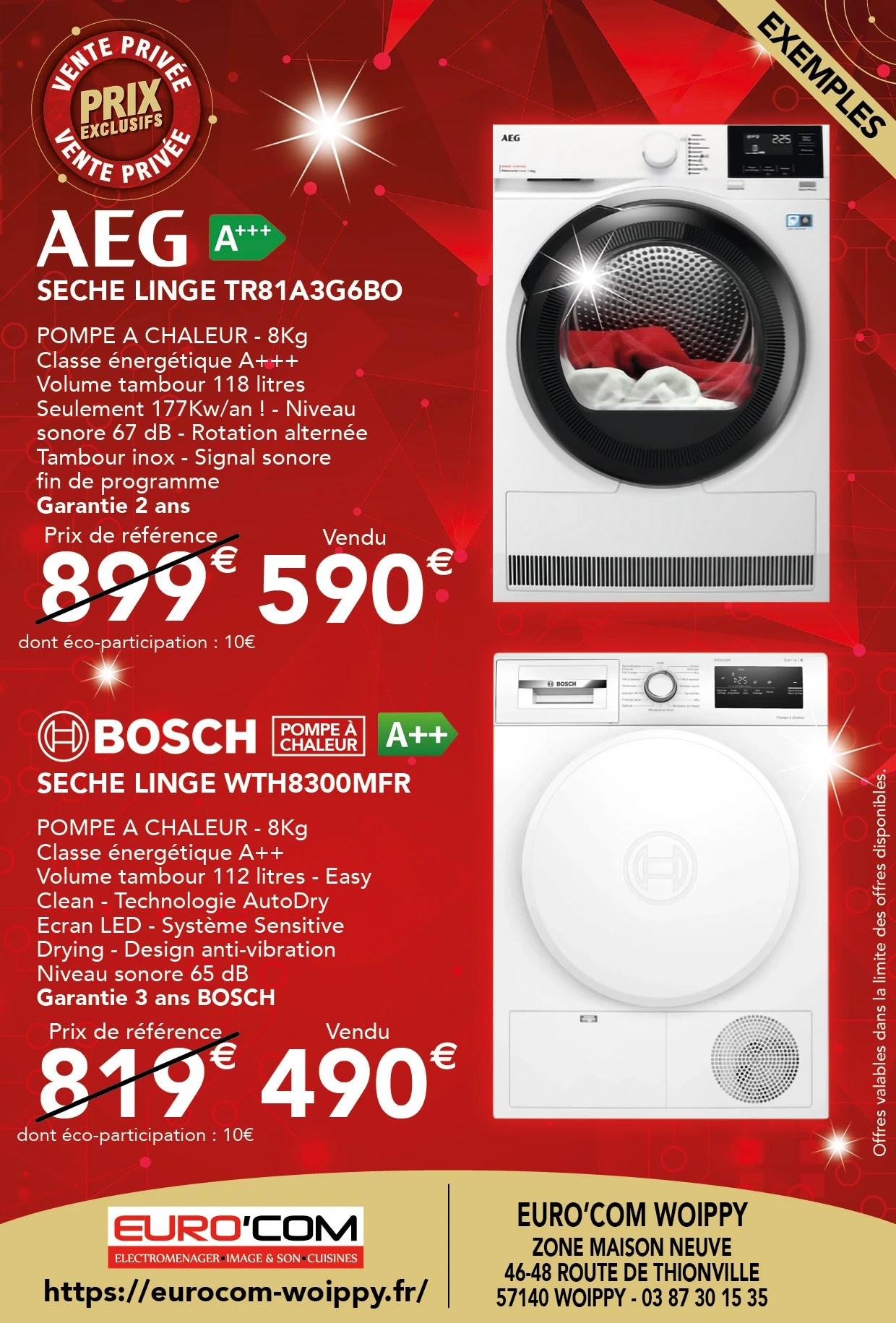 Séche linge AEG TR81A3G6BO 599€ au lieu de 899€, Séche linge BOSCH WTH8300MFR 490€ au lieu de 819€