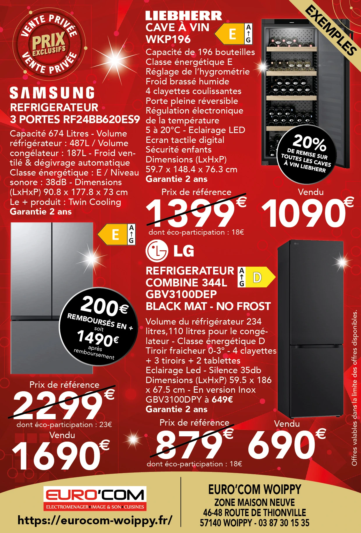 Réfrigérateur 3 portes SAMSUNG RF24BB620ES9 1690€ au lieu de 2299€, Réfrigérateur LG GBV3100DEP 690€ au lieu de 879€