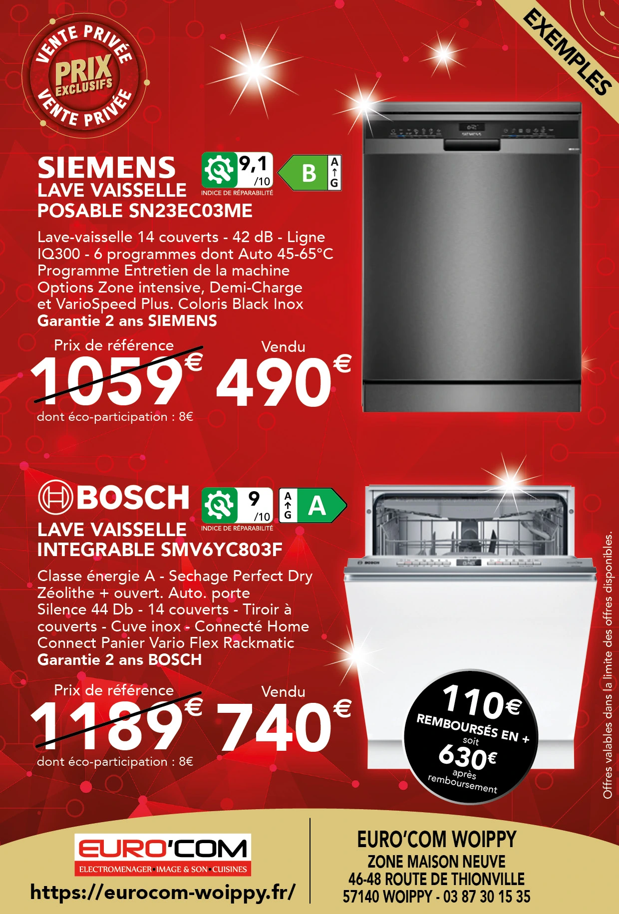 Lave vaisselle SIEMENS SN23EC03ME 490€ au lieu de 1059€, Lave vaisselle BOSCH SMV6YC803F 740€ au lieu de 1189€