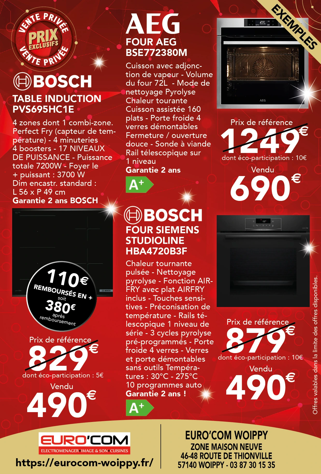 Four AEG BSE772380M 690€ au lieu de 1249€, Table induction BOSCH PVS695HC1E 490€ au lieu de 829€